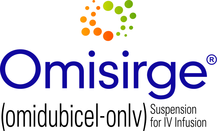 Logotipo do medicamento Omisirge (omidubicel-only) com elementos gráficos em círculos laranja e verde representando células, indicando suspensão para infusão intravenosa de células-tronco expandidas de sangue de cordão umbilical